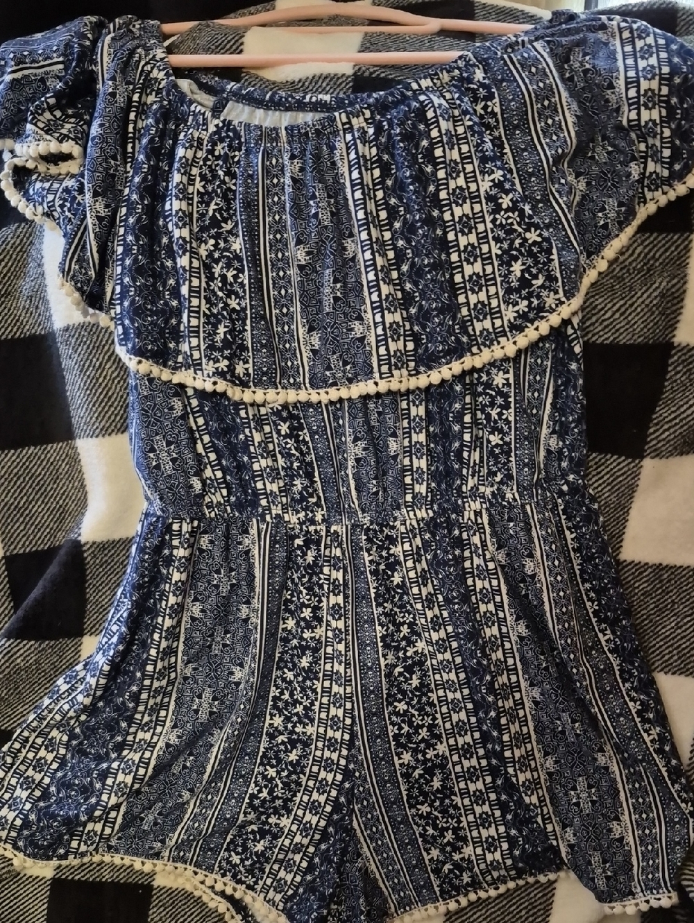 rue21 Navy and White Printed Off-Shoulder Romper with Pom Trim